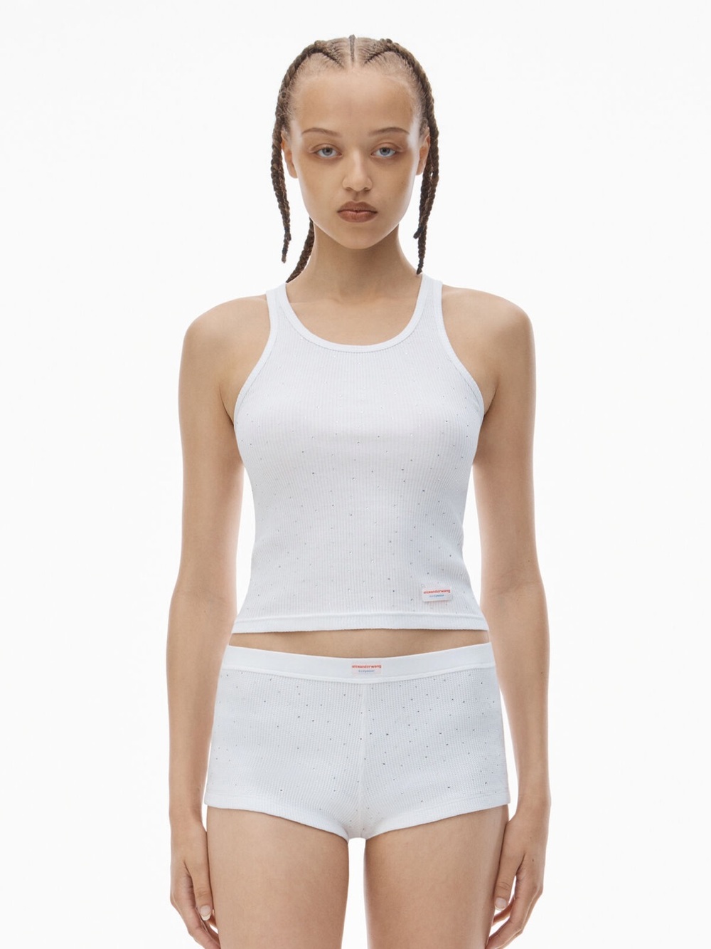 Alexander Wang White Ribbed Racerback Tank with Rhinestones - Picture 2 of 7